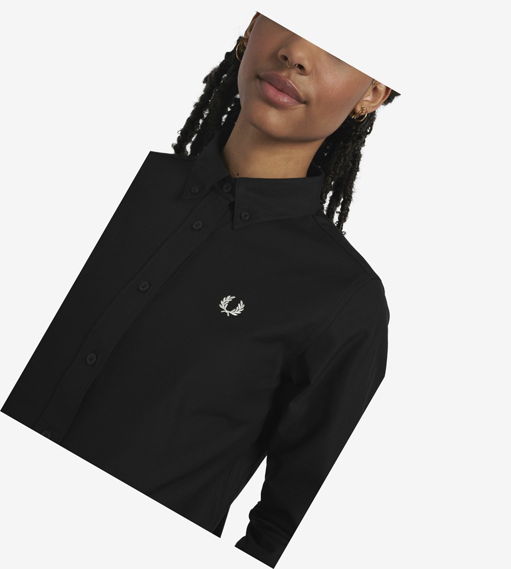 Black Fred Perry Button-Down Shirt Women's T Shirts & Tops | OKWTI-6390