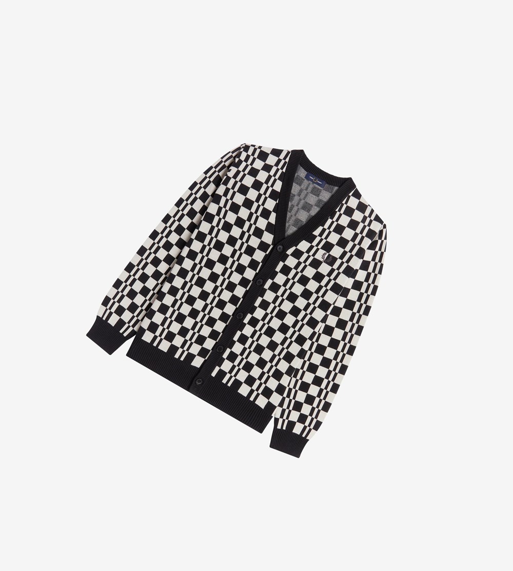 Black Fred Perry Chequerboard Cardigan Men's Knitwear | PNCSV-6835