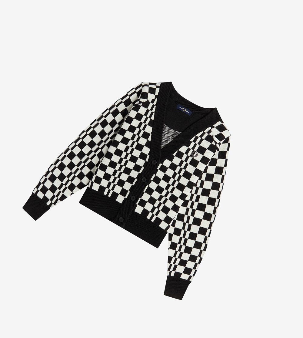 Black Fred Perry Chequerboard Cardigan Women's Knitwear | UQMBA-8650