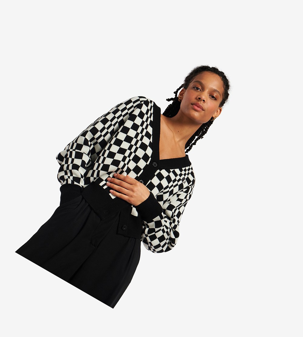 Black Fred Perry Chequerboard Cardigan Women's Knitwear | UQMBA-8650