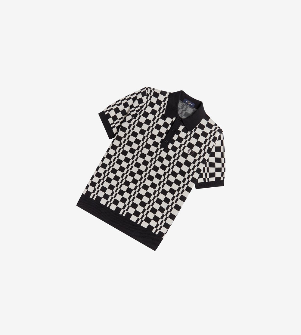 Black Fred Perry Chequerboard Knitted Shirt Men's Knitwear | HVIGS-3260