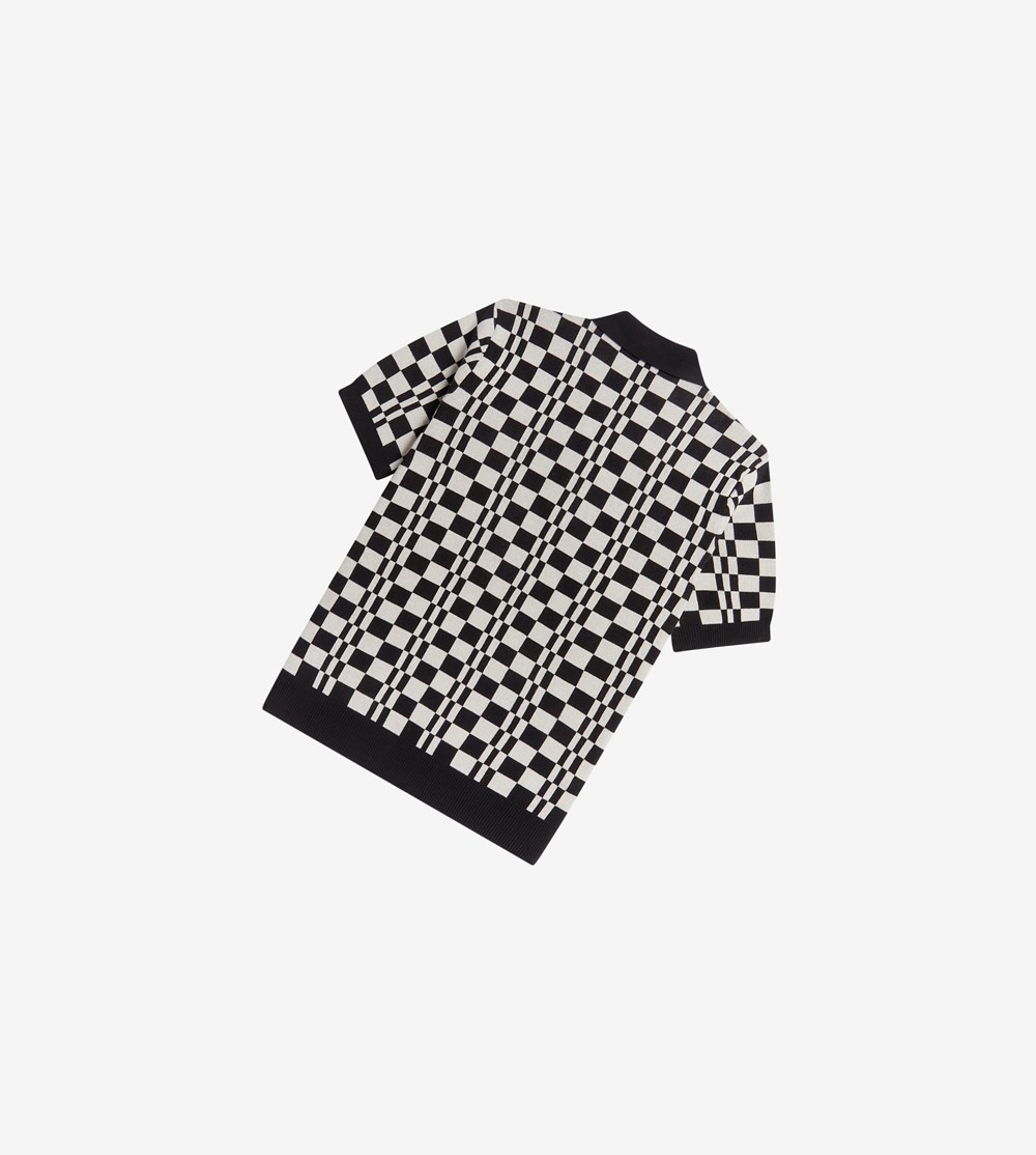 Black Fred Perry Chequerboard Knitted Shirt Men's Knitwear | HVIGS-3260