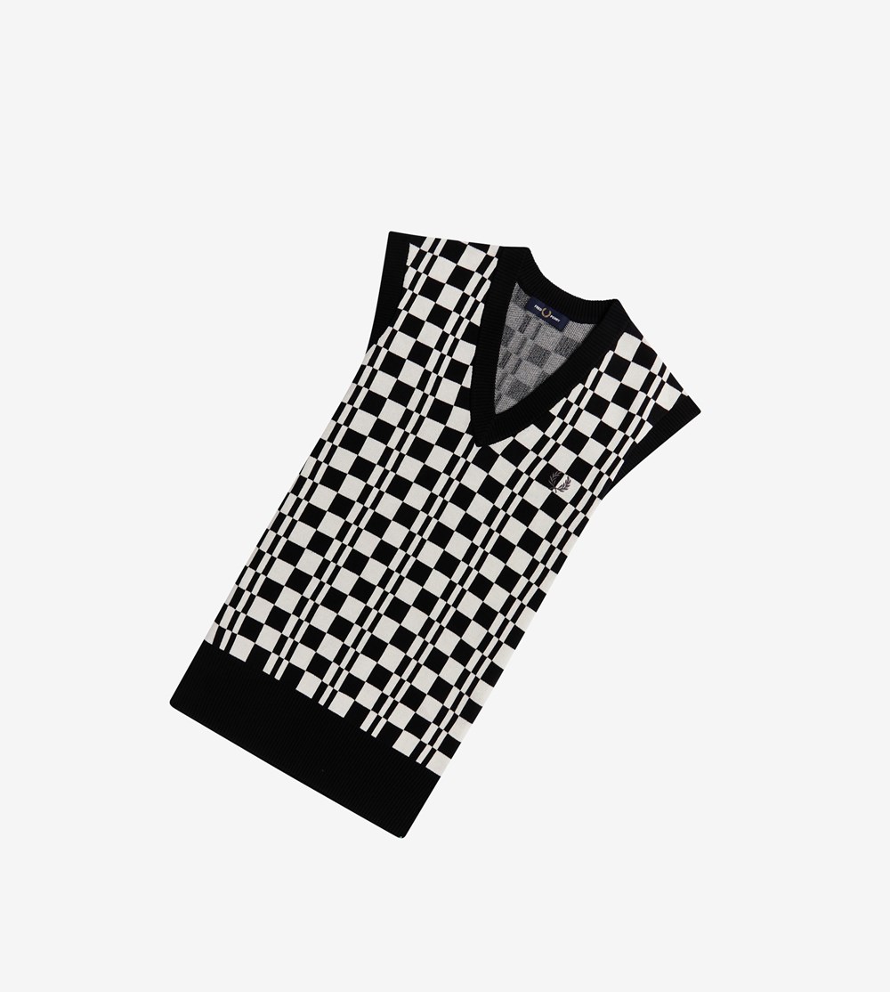 Black Fred Perry Chequerboard Knitted Tank Men's Knitwear | GQFMT-8265