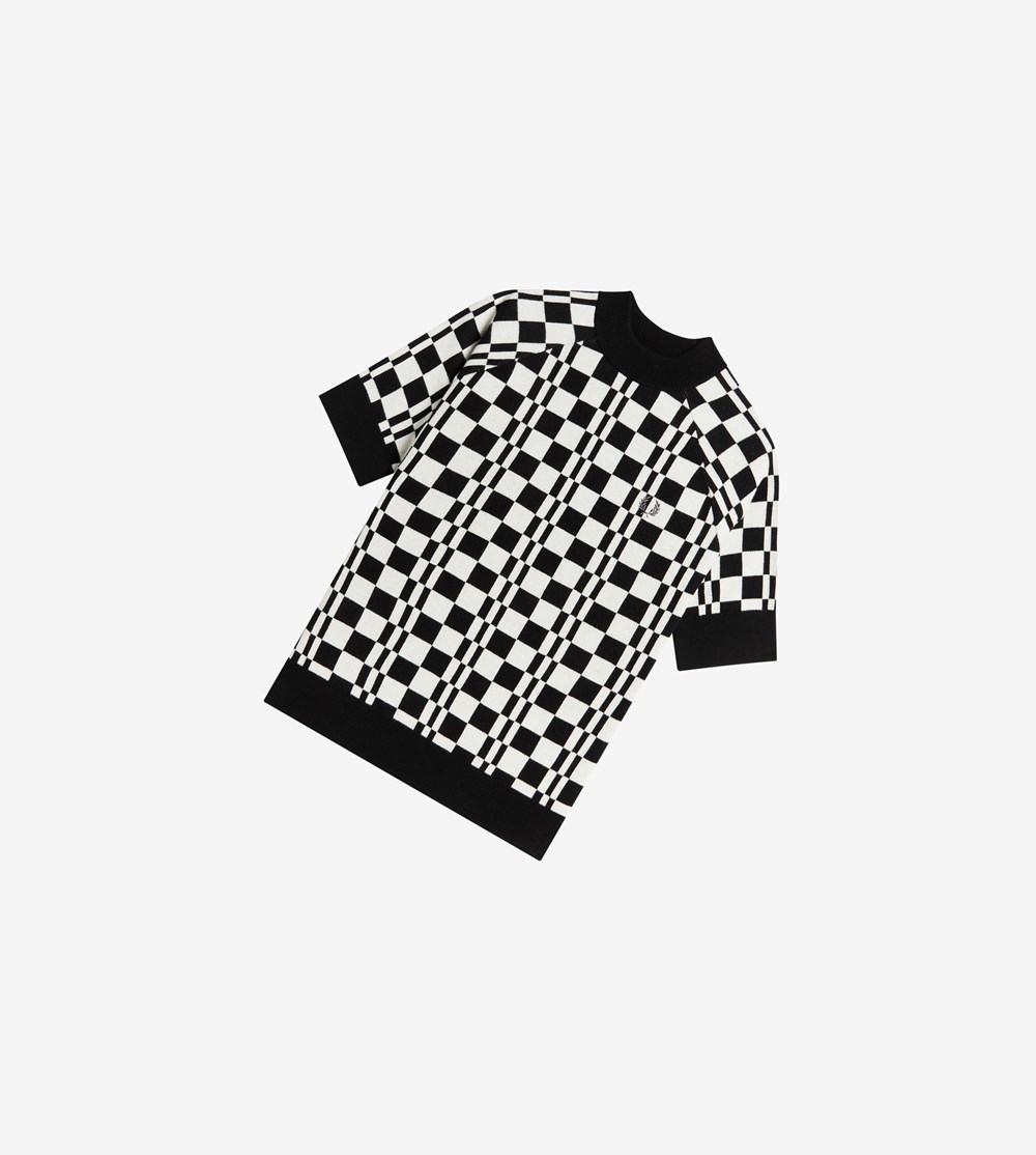 Black Fred Perry Chequerboard Short Sleeve Jumper Women's Knitwear | GRJOC-6319