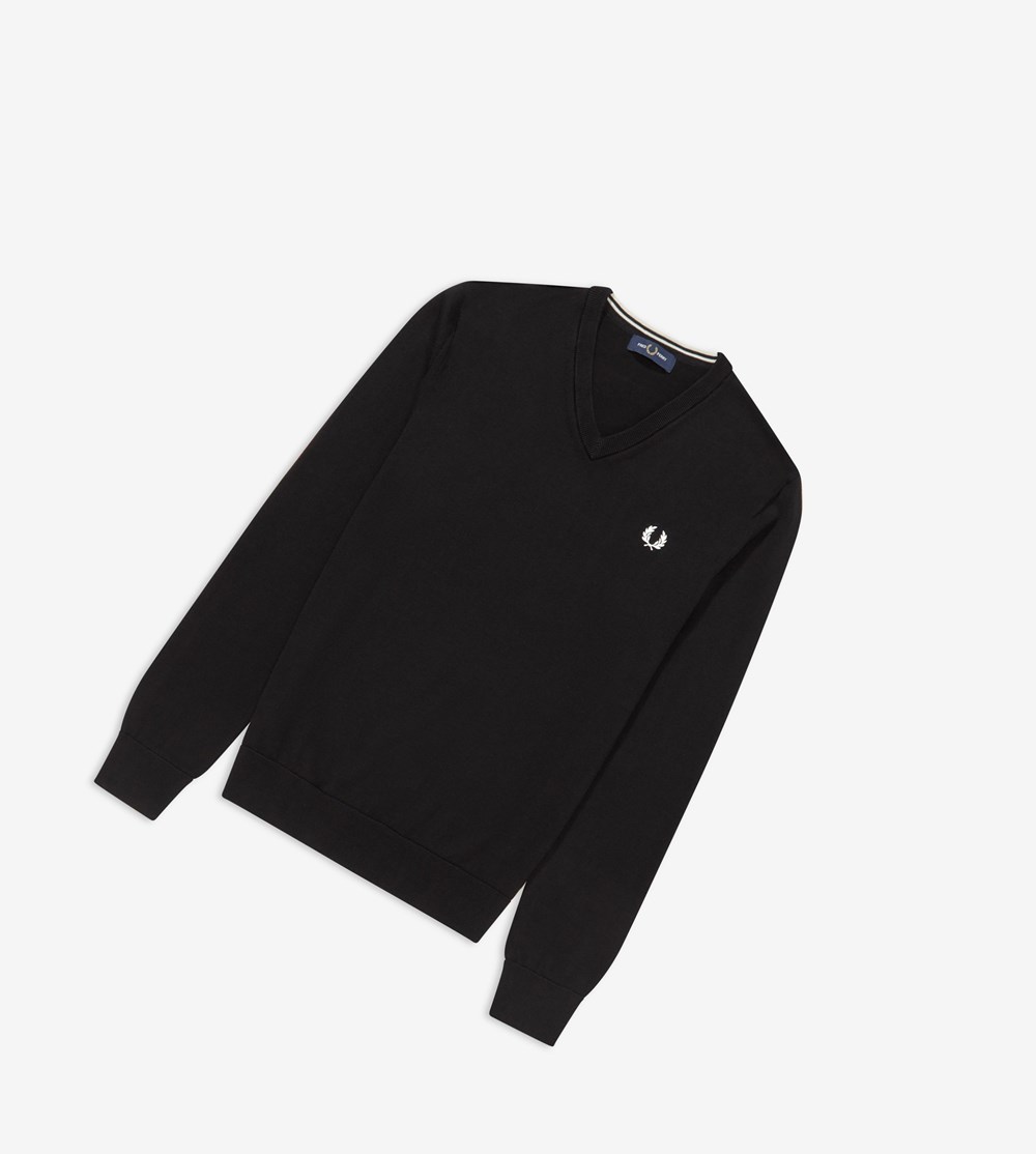 Black Fred Perry Classic V Neck Jumper Men's Knitwear | GLEMO-1325