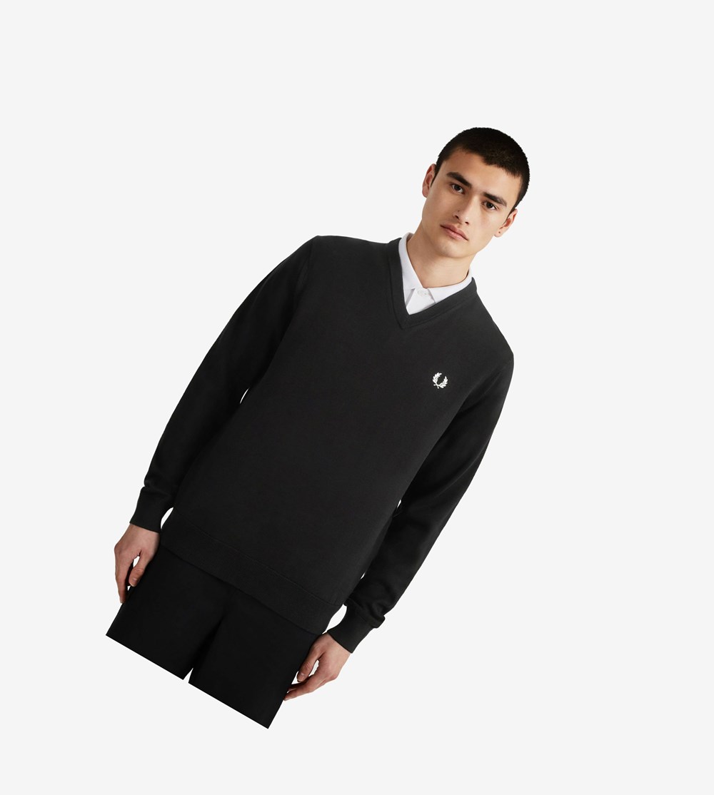 Black Fred Perry Classic V Neck Jumper Men's Knitwear | GLEMO-1325