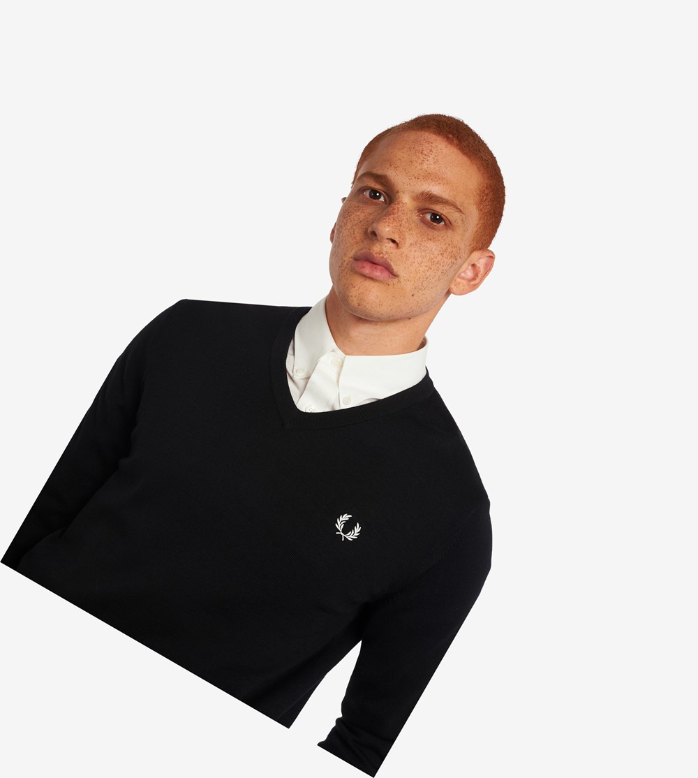 Black Fred Perry Classic V Neck Jumper Men's Knitwear | GLEMO-1325