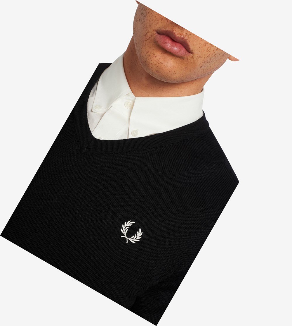 Black Fred Perry Classic V Neck Jumper Men's Knitwear | GLEMO-1325