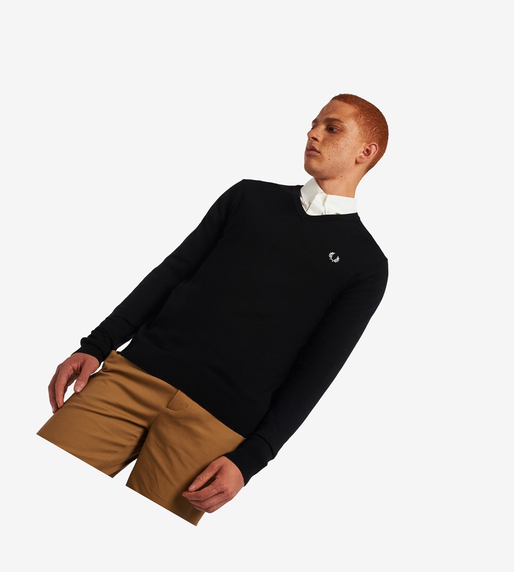 Black Fred Perry Classic V Neck Jumper Men\'s Knitwear | GLEMO-1325