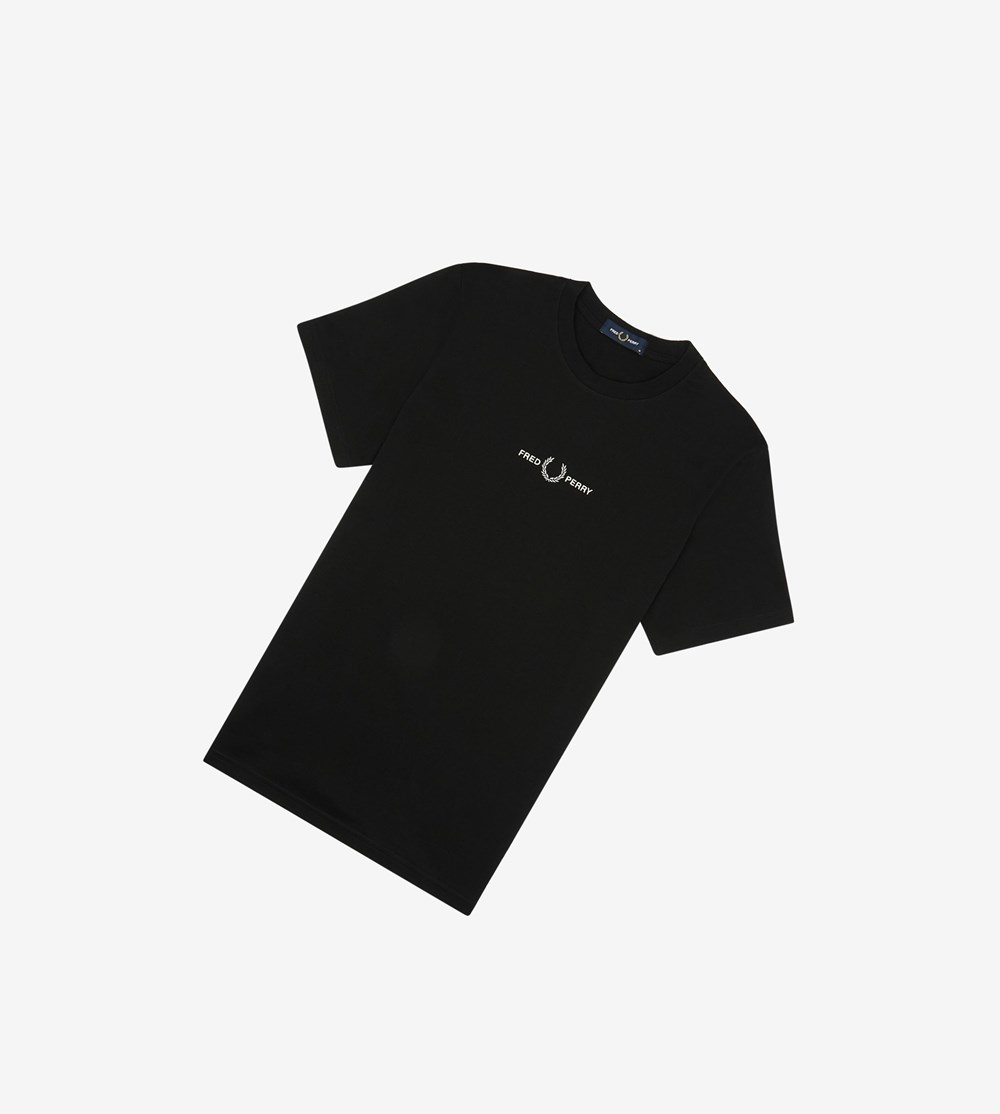 Black Fred Perry Embroidered Men's T Shirts | JDFKS-4193