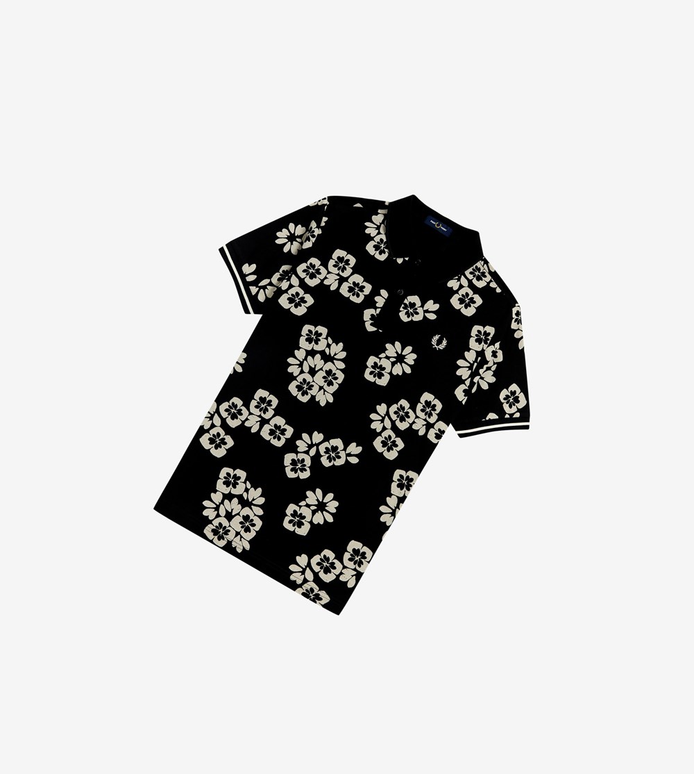 Black Fred Perry Floral Print Men's Polo Shirts | BACZI-0372