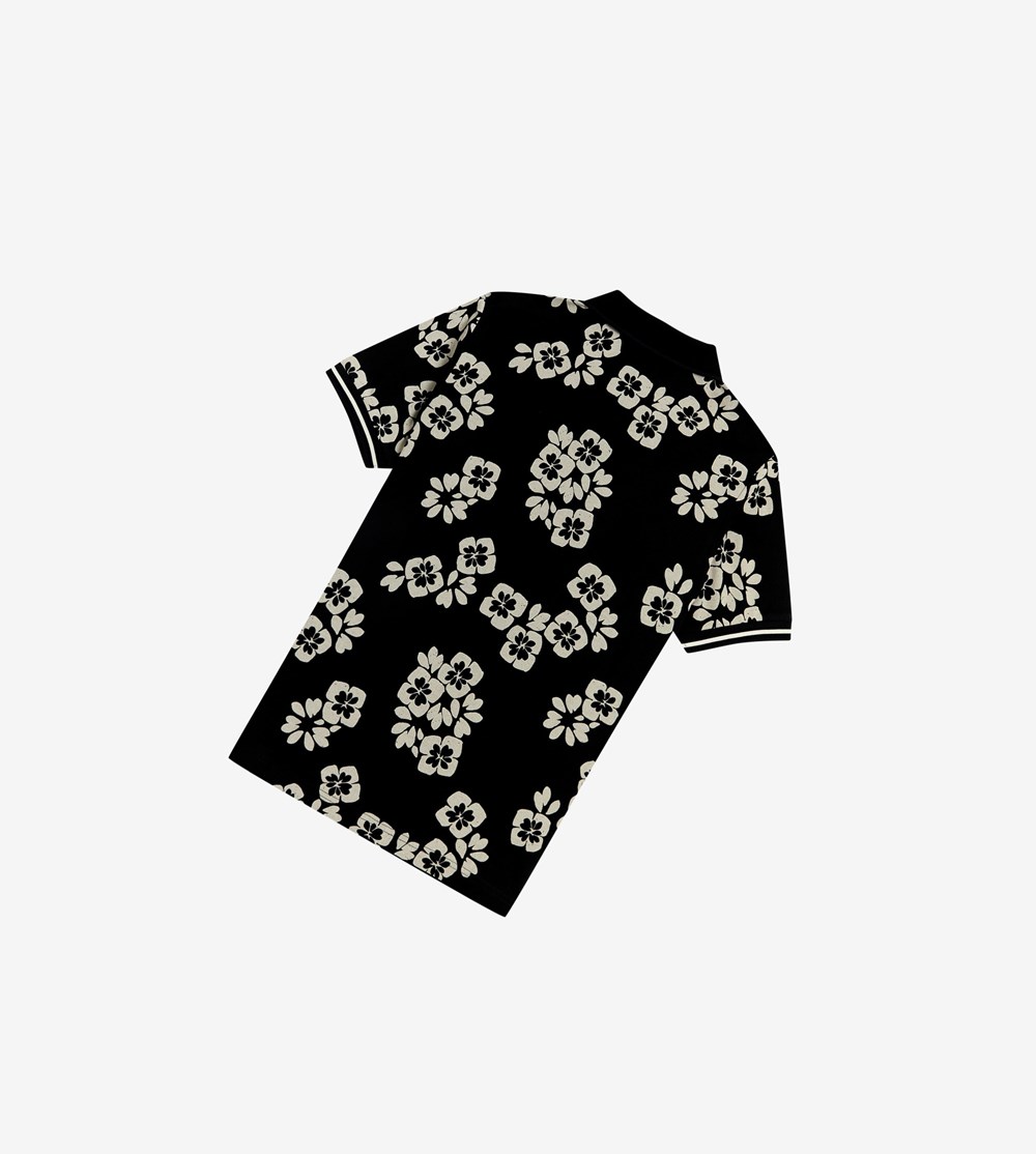 Black Fred Perry Floral Print Men's Polo Shirts | BACZI-0372