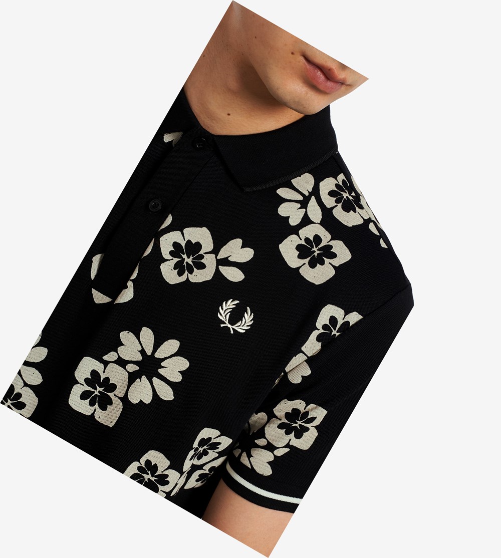 Black Fred Perry Floral Print Men's Polo Shirts | BACZI-0372