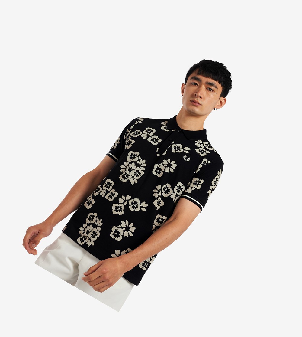 Black Fred Perry Floral Print Men\'s Polo Shirts | BACZI-0372