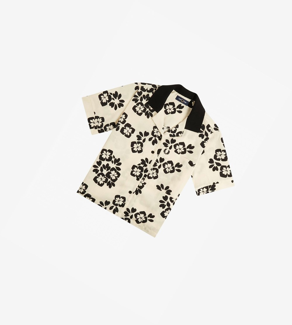 Black Fred Perry Floral Print Shirt Women\'s T Shirts & Tops | FVOJN-6253