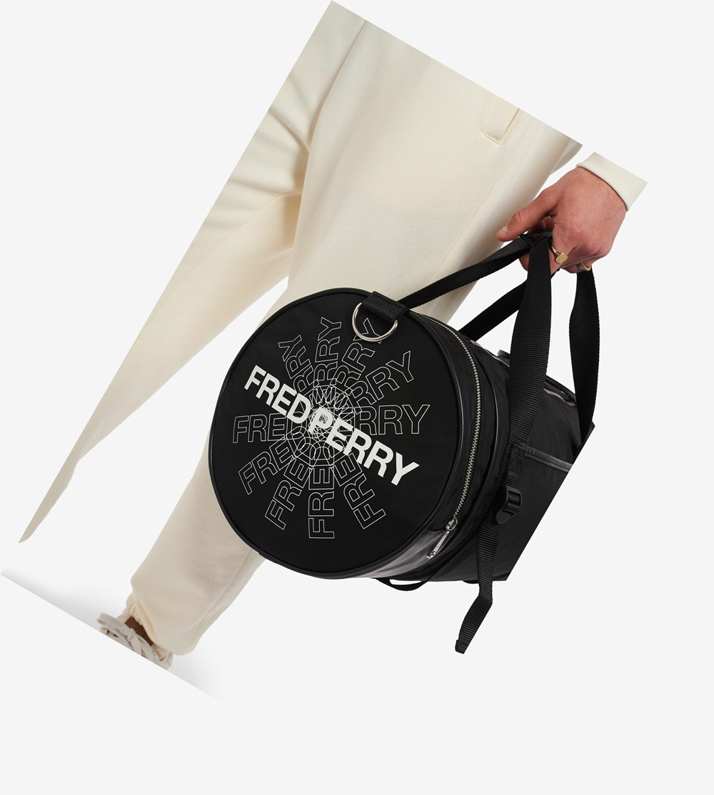 Black Fred Perry Graphic Print Barrel Bag Men's Bags | OBHSV-2497