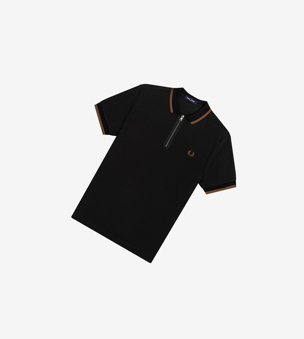 Black Fred Perry Half Zip Men's Polo Shirts | ESDMV-8560