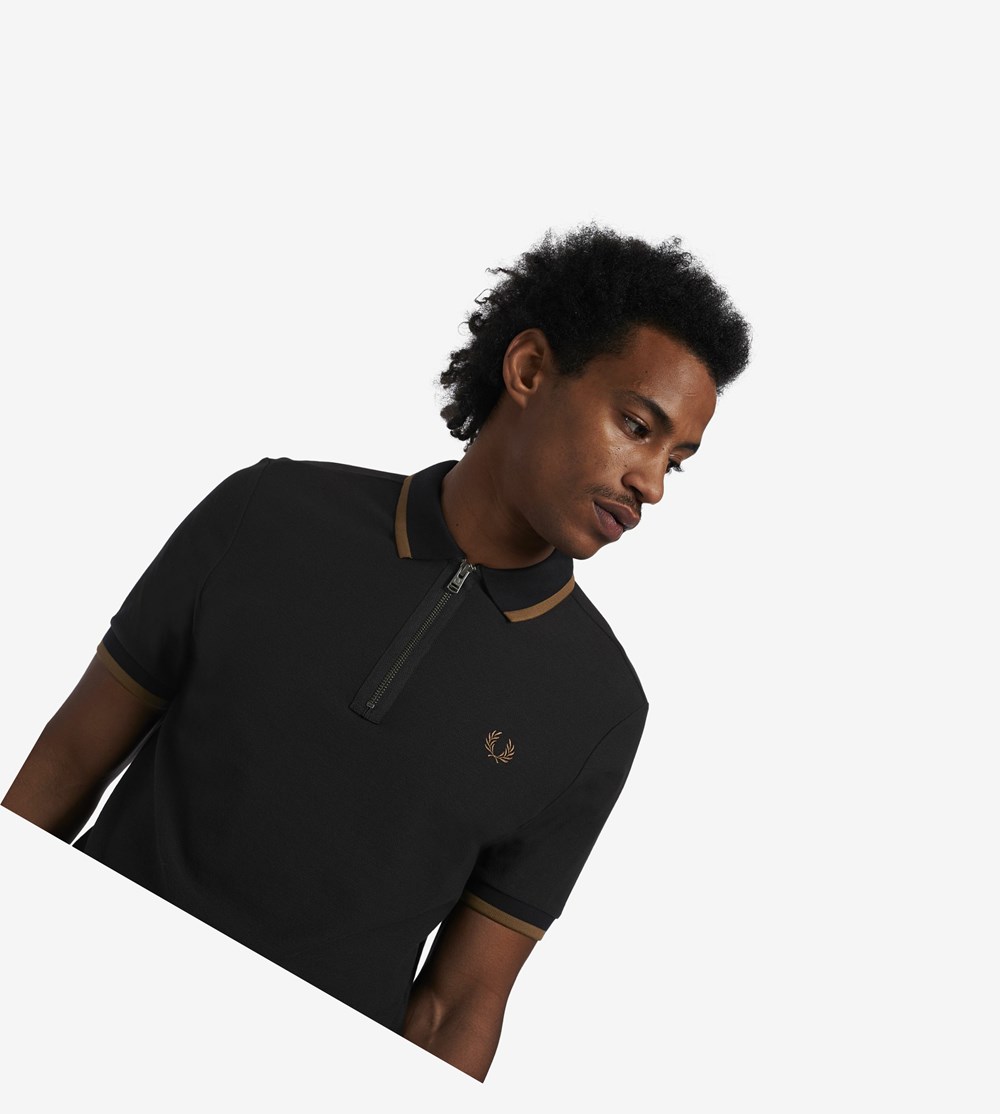 Black Fred Perry Half Zip Men's Polo Shirts | ESDMV-8560