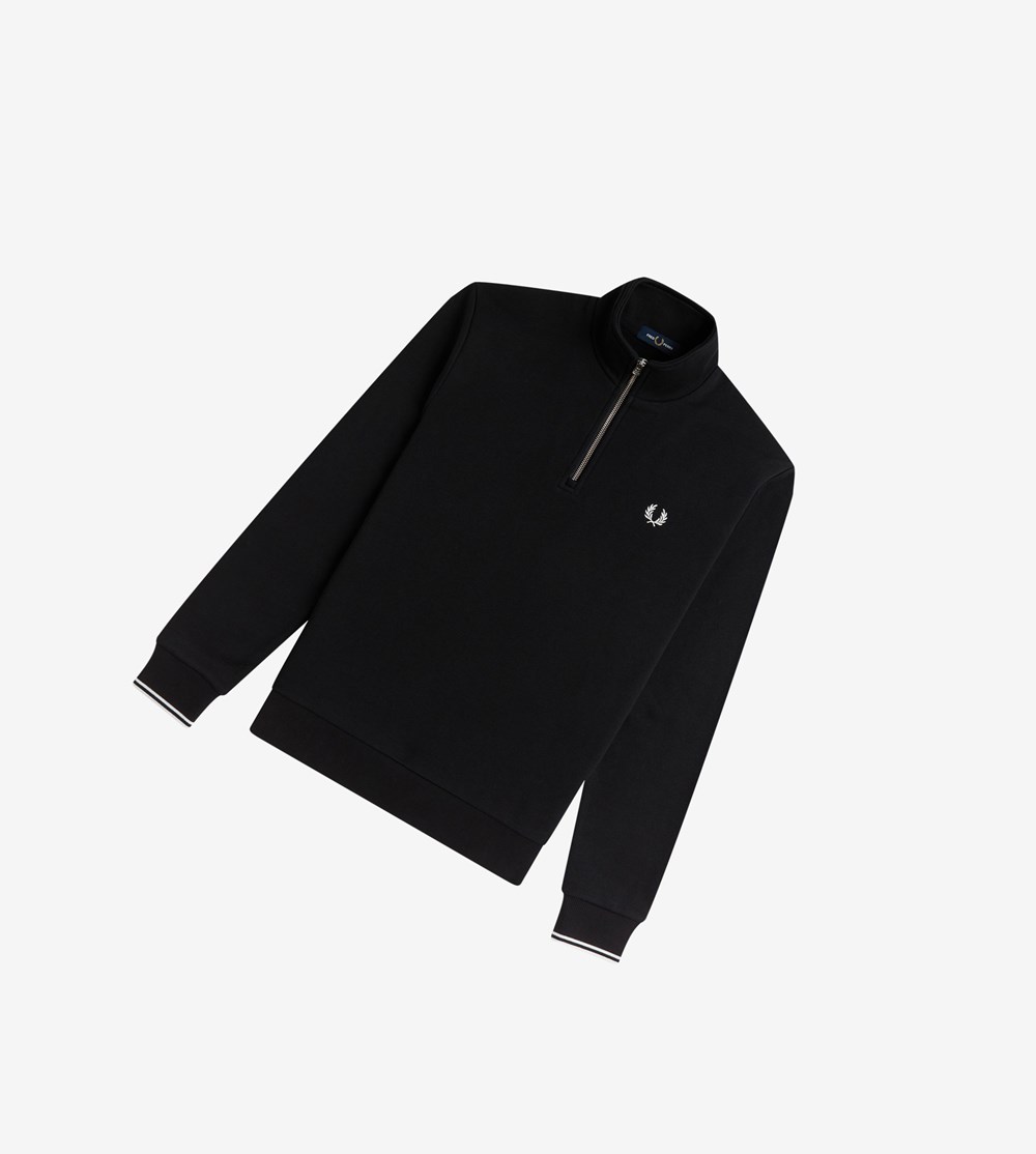 Black Fred Perry Half Zip Men's Sweatshirt | FSIGE-3652