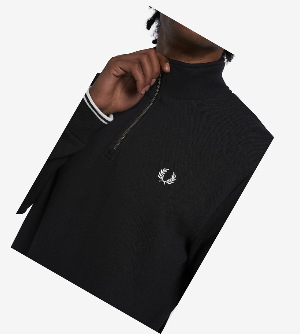 Black Fred Perry Half Zip Men's Sweatshirt | FSIGE-3652