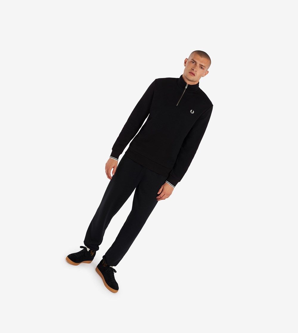 Black Fred Perry Half Zip Men's Sweatshirt | FSIGE-3652