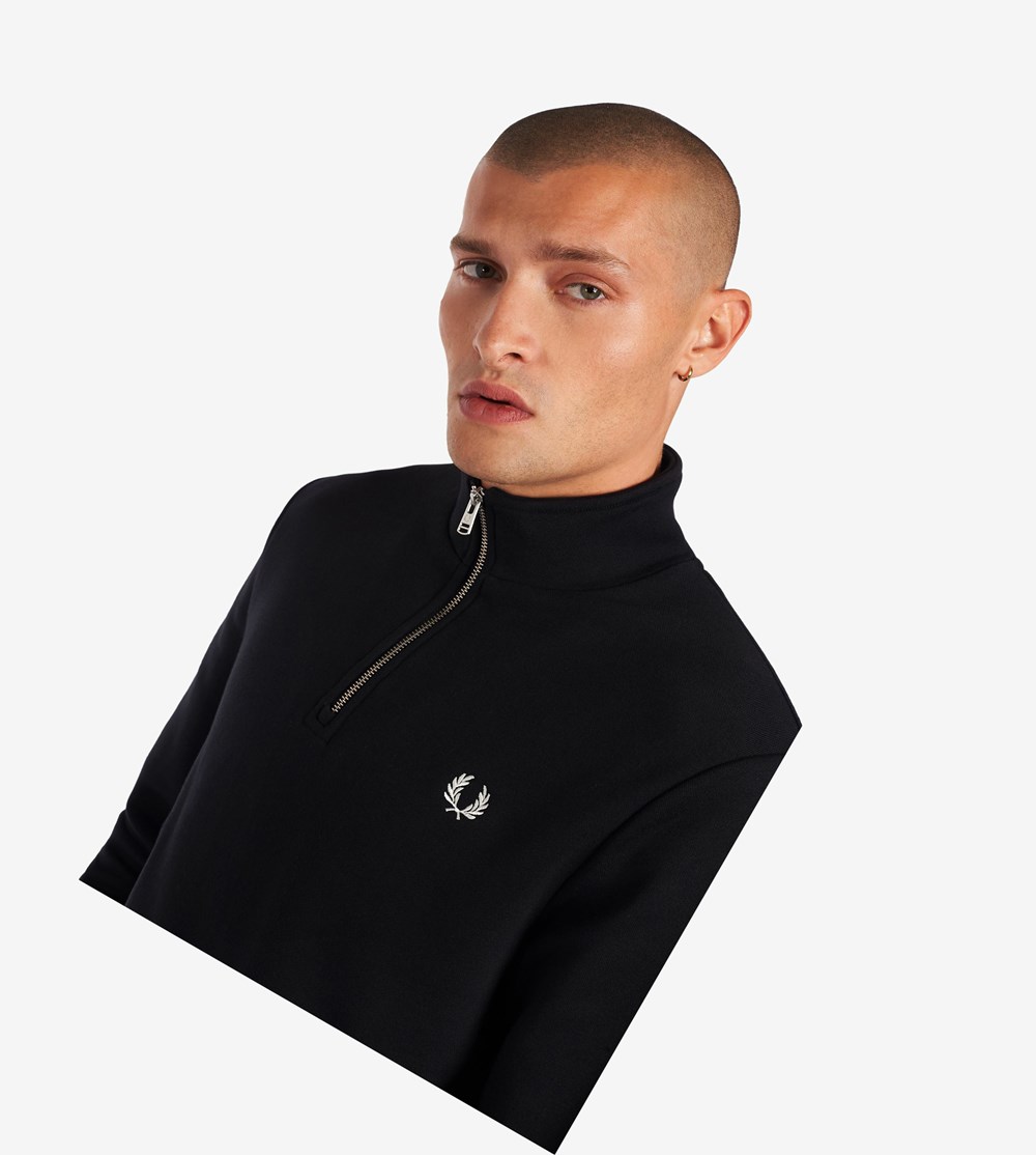 Black Fred Perry Half Zip Men's Sweatshirt | FSIGE-3652