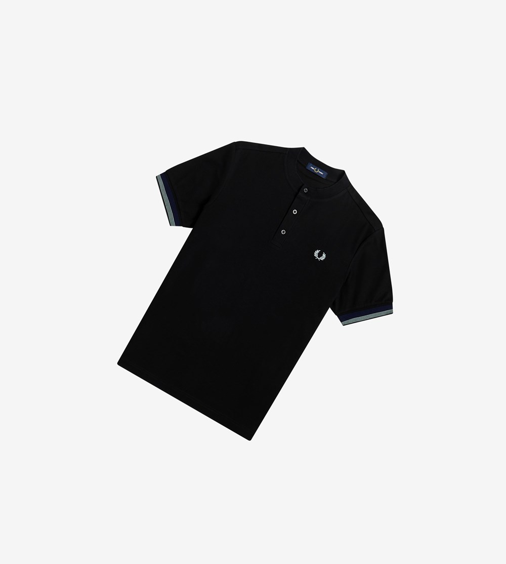 Black Fred Perry Henley Men\'s Polo Shirts | XDMVA-1078