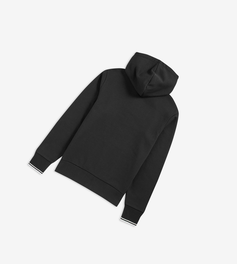 Black Fred Perry Hooded Zip Through Men's Sweatshirt | GURBH-5460