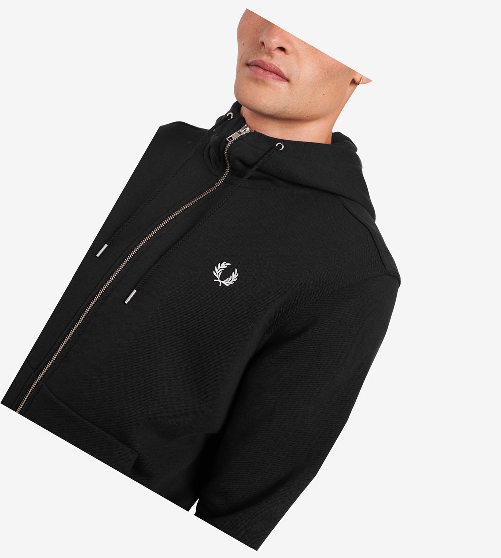 Black Fred Perry Hooded Zip Through Men's Sweatshirt | GURBH-5460