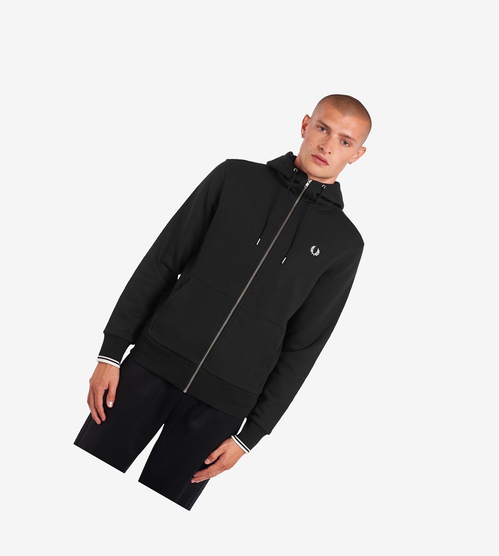 Black Fred Perry Hooded Zip Through Men\'s Sweatshirt | GURBH-5460