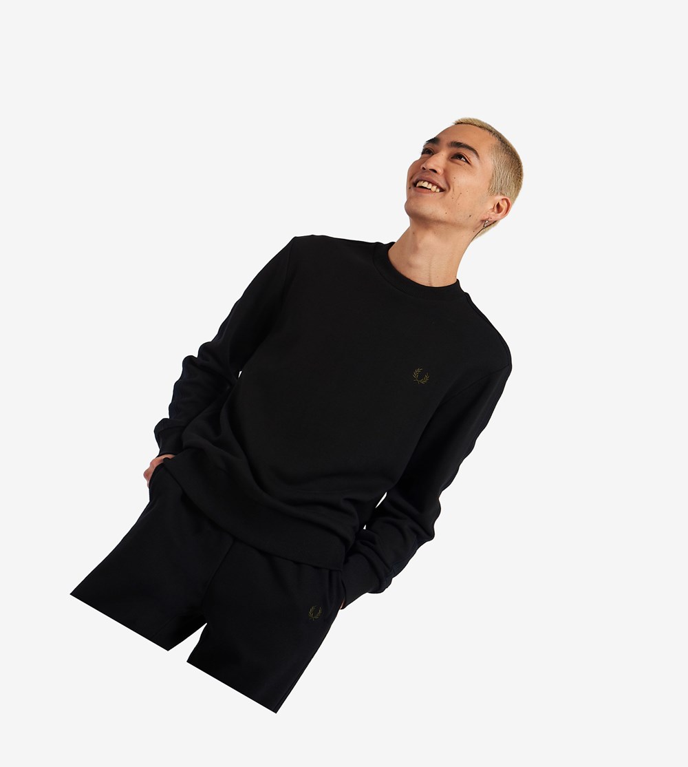 Black Fred Perry Knitted Tape Men's Sweatshirt | PEKGC-2689