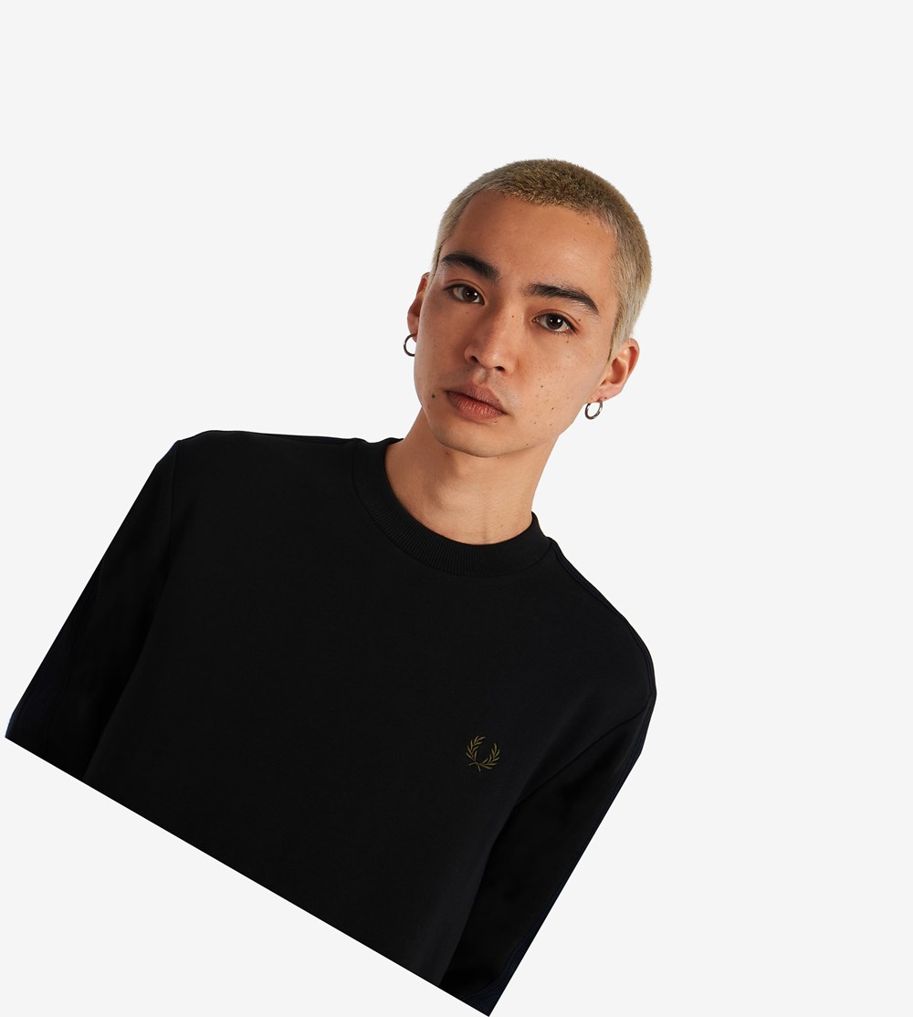 Black Fred Perry Knitted Tape Men's Sweatshirt | PEKGC-2689