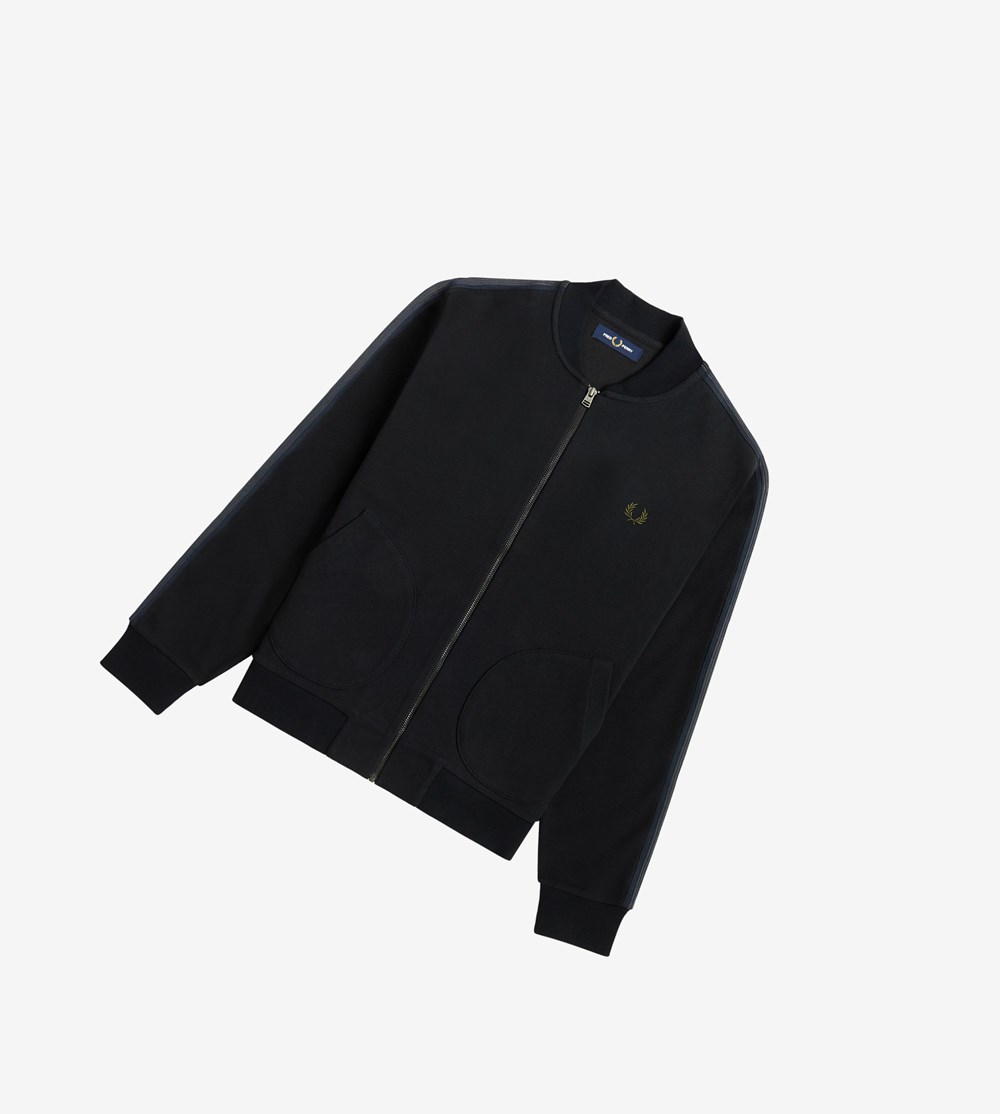 Black Fred Perry Knitted Tape Men's Track Jacket | DKCLJ-6071