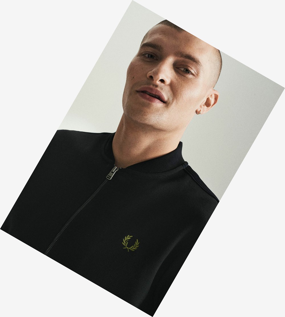 Black Fred Perry Knitted Tape Men's Track Jacket | DKCLJ-6071