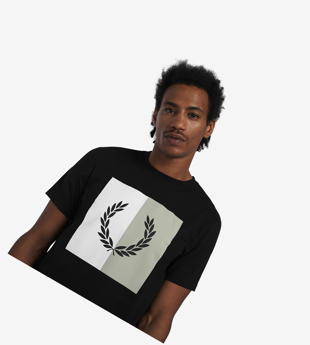 Black Fred Perry Laurel Wreath Graphic Men's T Shirts | GIHVE-2760