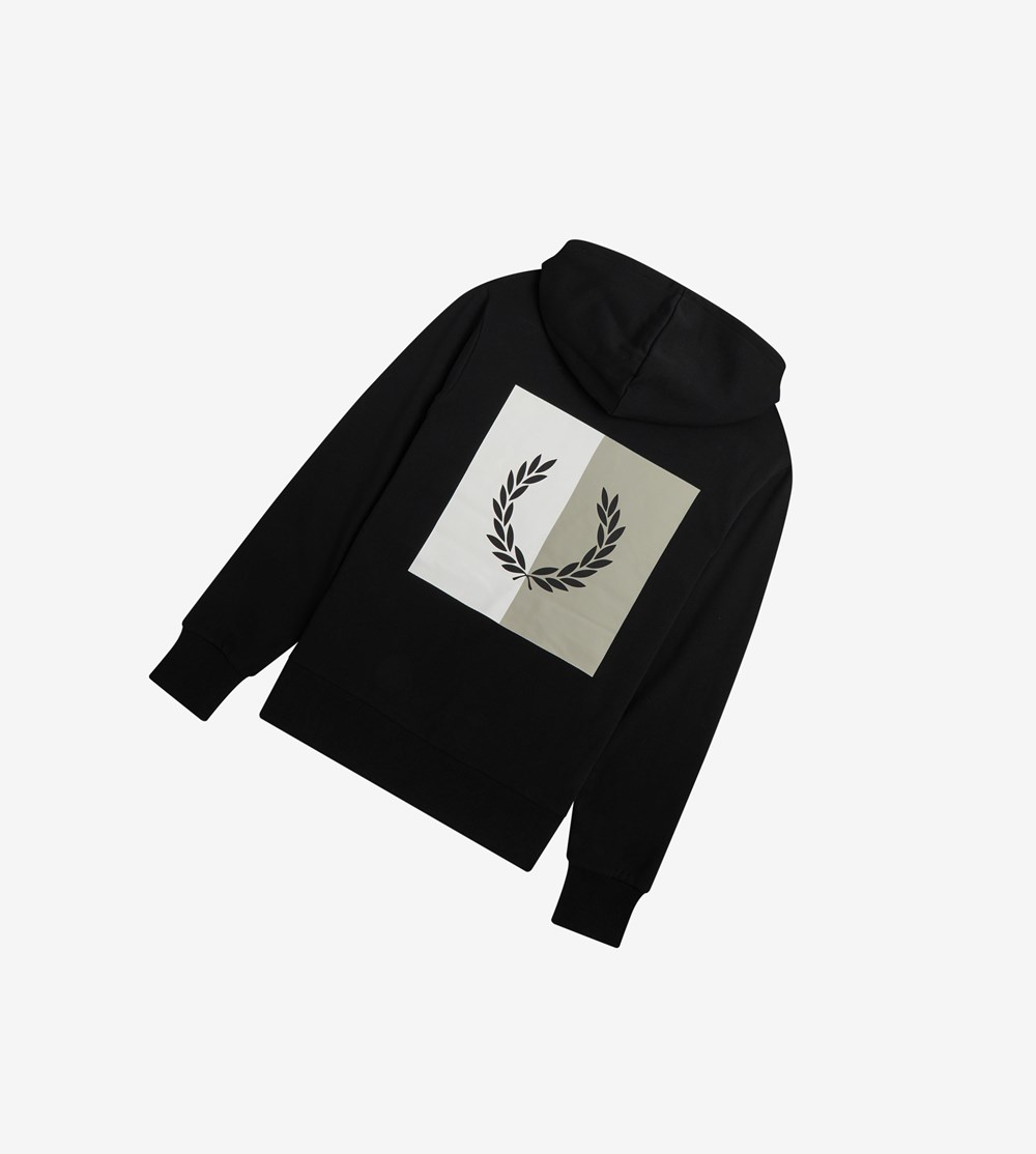 Black Fred Perry Laurel Wreath Hooded Men's Sweatshirt | CURWJ-8967