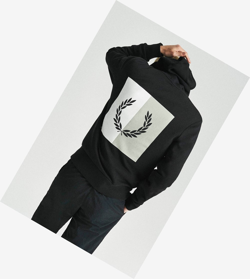 Black Fred Perry Laurel Wreath Hooded Men's Sweatshirt | CURWJ-8967