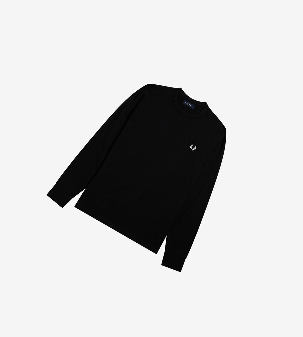 Black Fred Perry Laurel Wreath Long Sleeve Men's T Shirts | MZOBG-0623