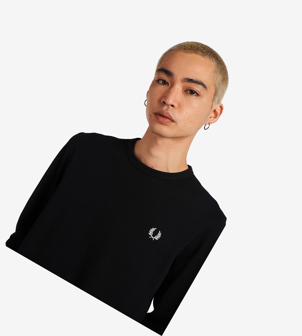 Black Fred Perry Laurel Wreath Long Sleeve Men's T Shirts | MZOBG-0623