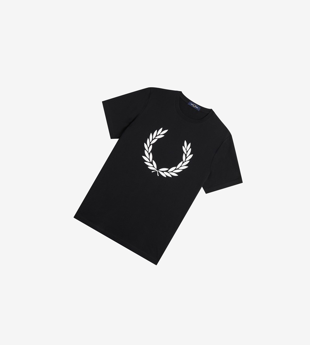 Black Fred Perry Laurel Wreath Print Men\'s T Shirts | NMQEO-1657