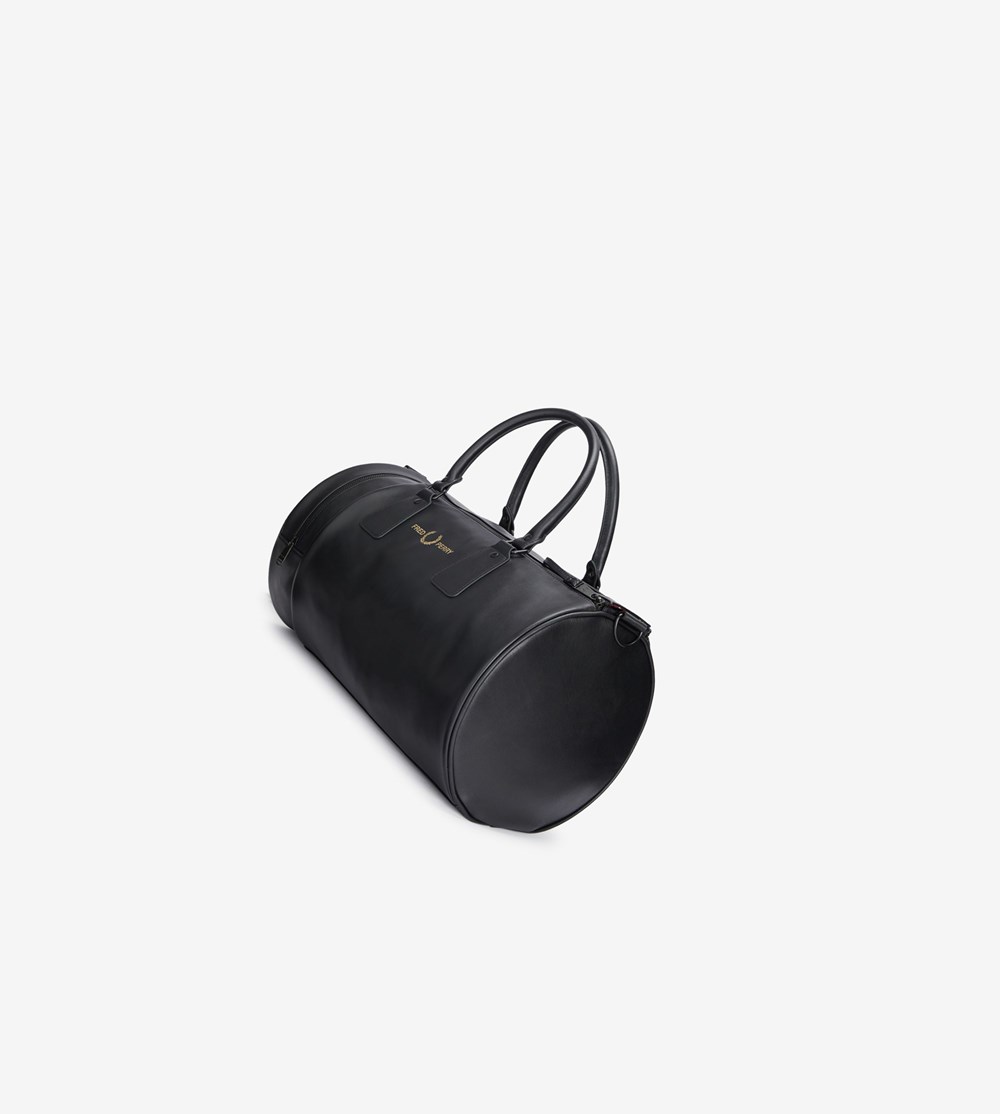 Black Fred Perry Leather Barrel Bag Men's Bags | BOPAX-5931