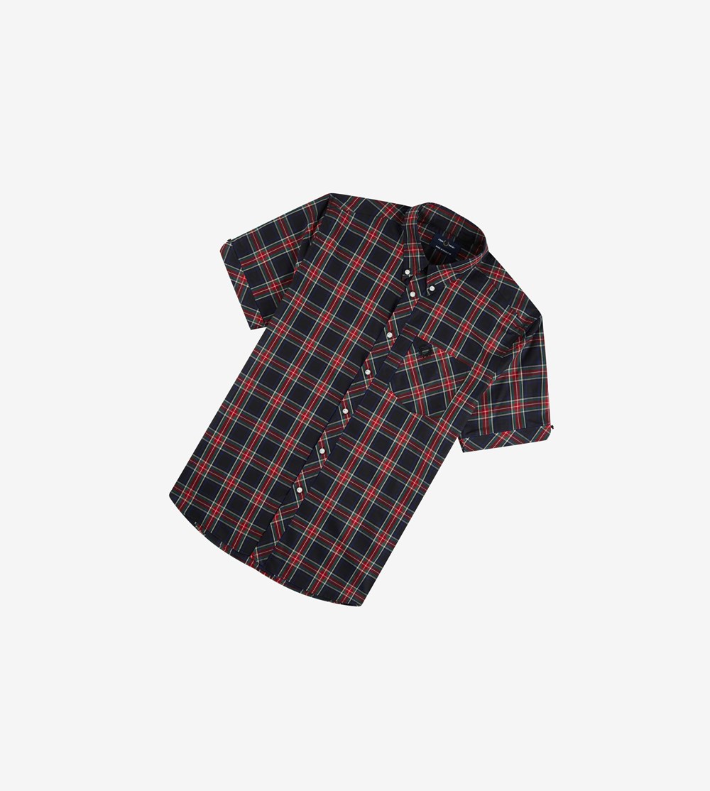 Black Fred Perry Made In England Short Sleeve Tartan Men's Shirts | GIFHX-2875