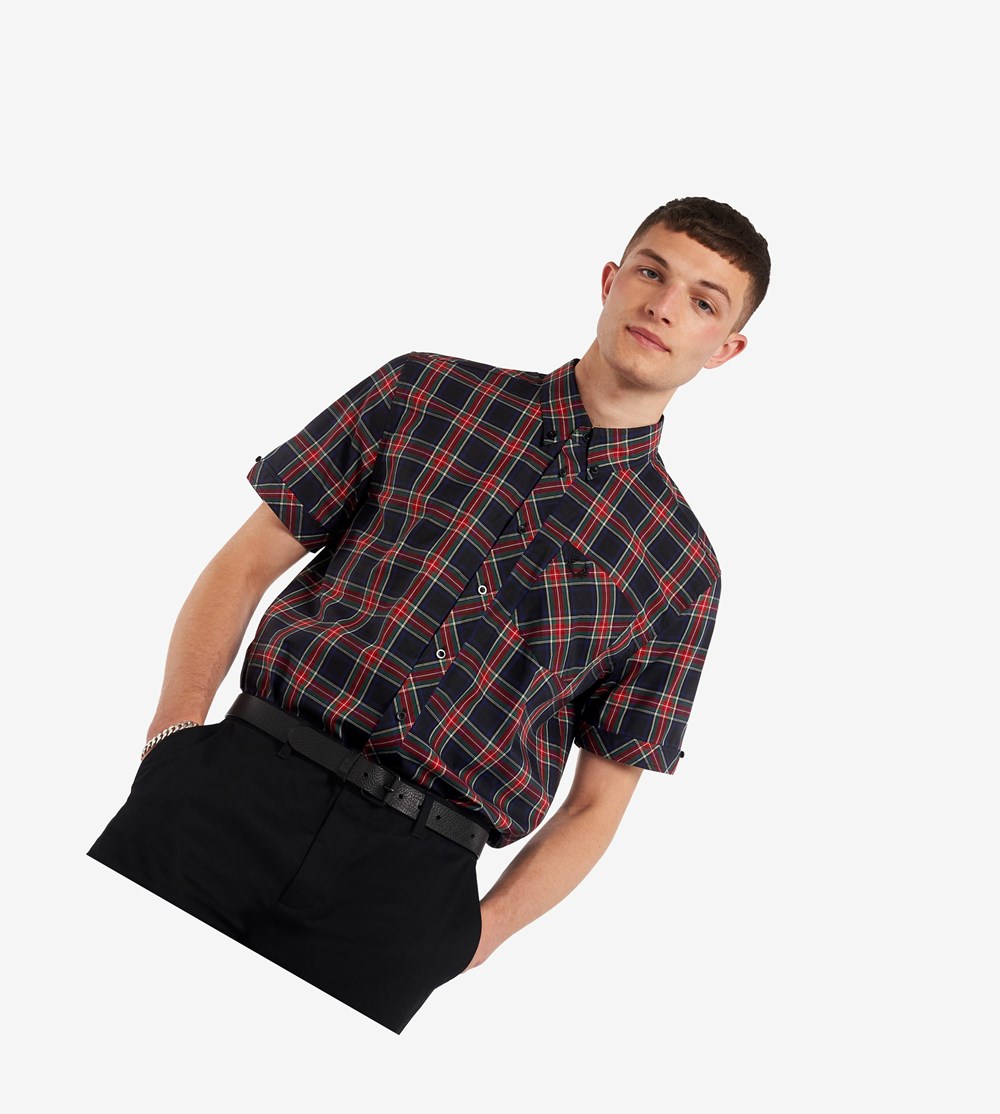 Black Fred Perry Made In England Short Sleeve Tartan Men\'s Shirts | GIFHX-2875