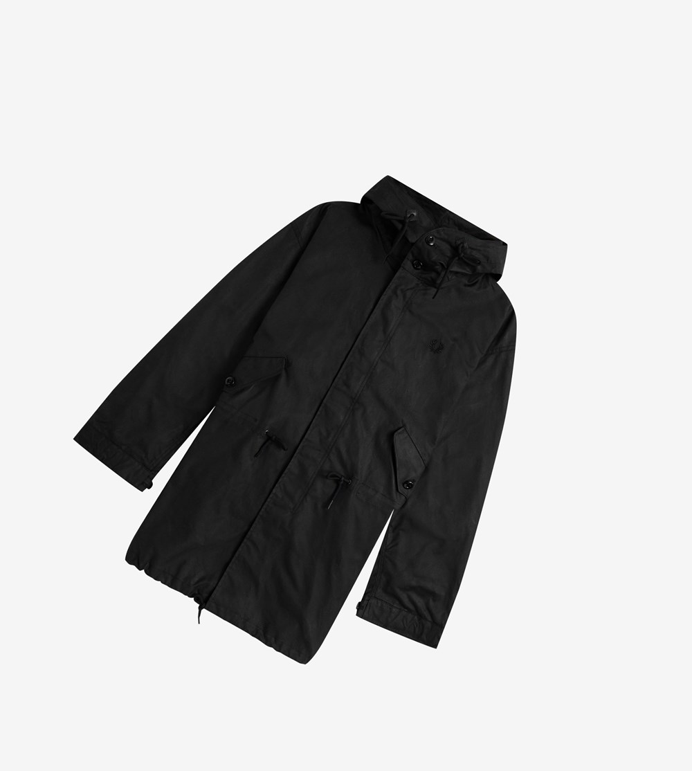 Black Fred Perry Made In England Waxed Cotton Parka Men's Jackets | IQXJS-4280