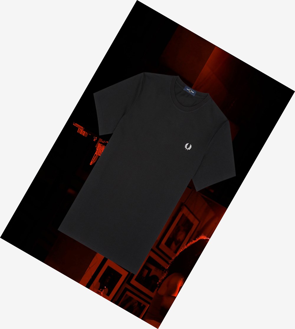 Black Fred Perry Munich Ringer Men's T Shirts | VGNLO-1879