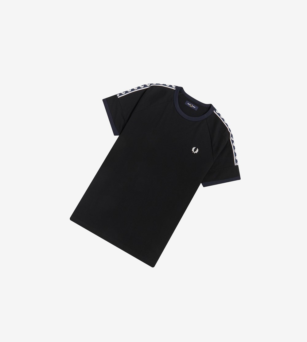 Black Fred Perry Panelled Taped Men's T Shirts | CUTJZ-1076