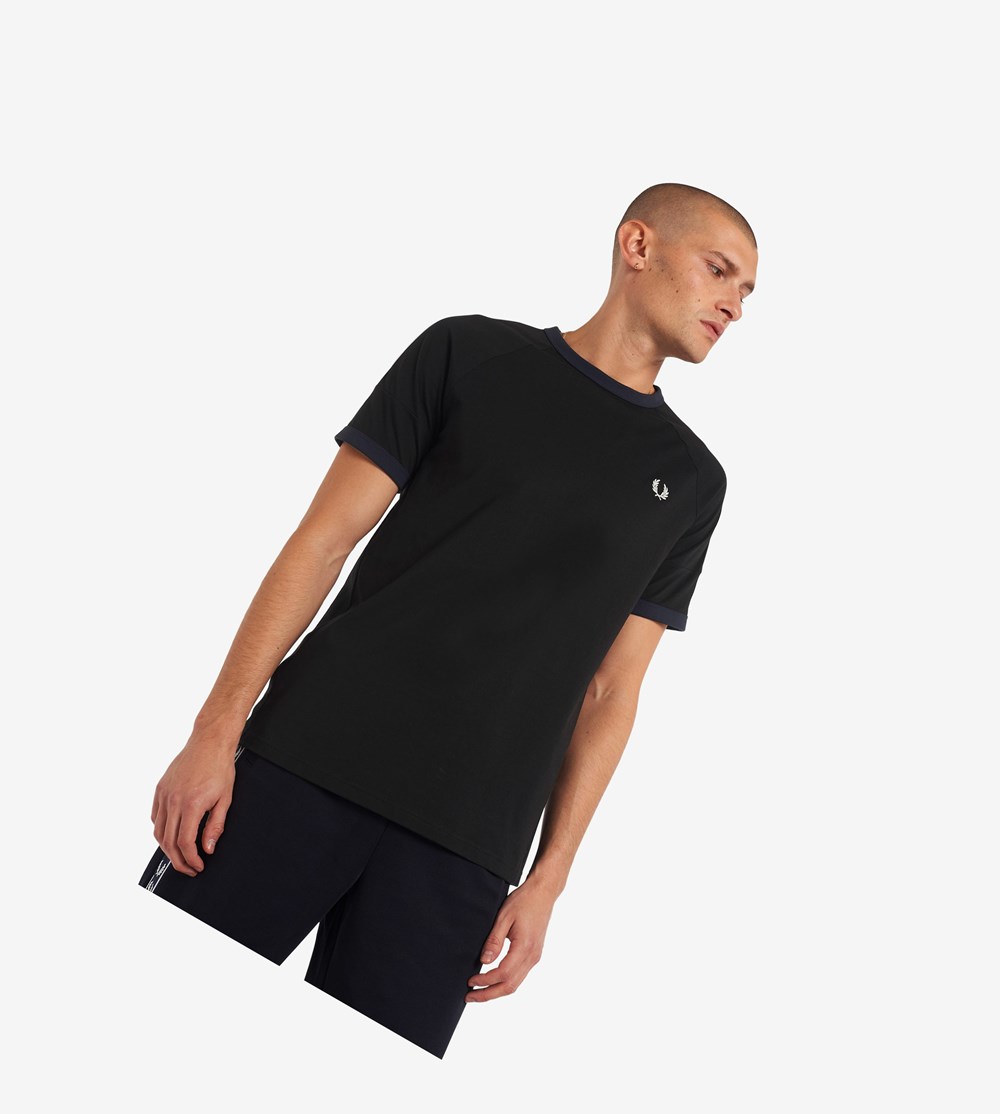 Black Fred Perry Panelled Taped Men's T Shirts | CUTJZ-1076