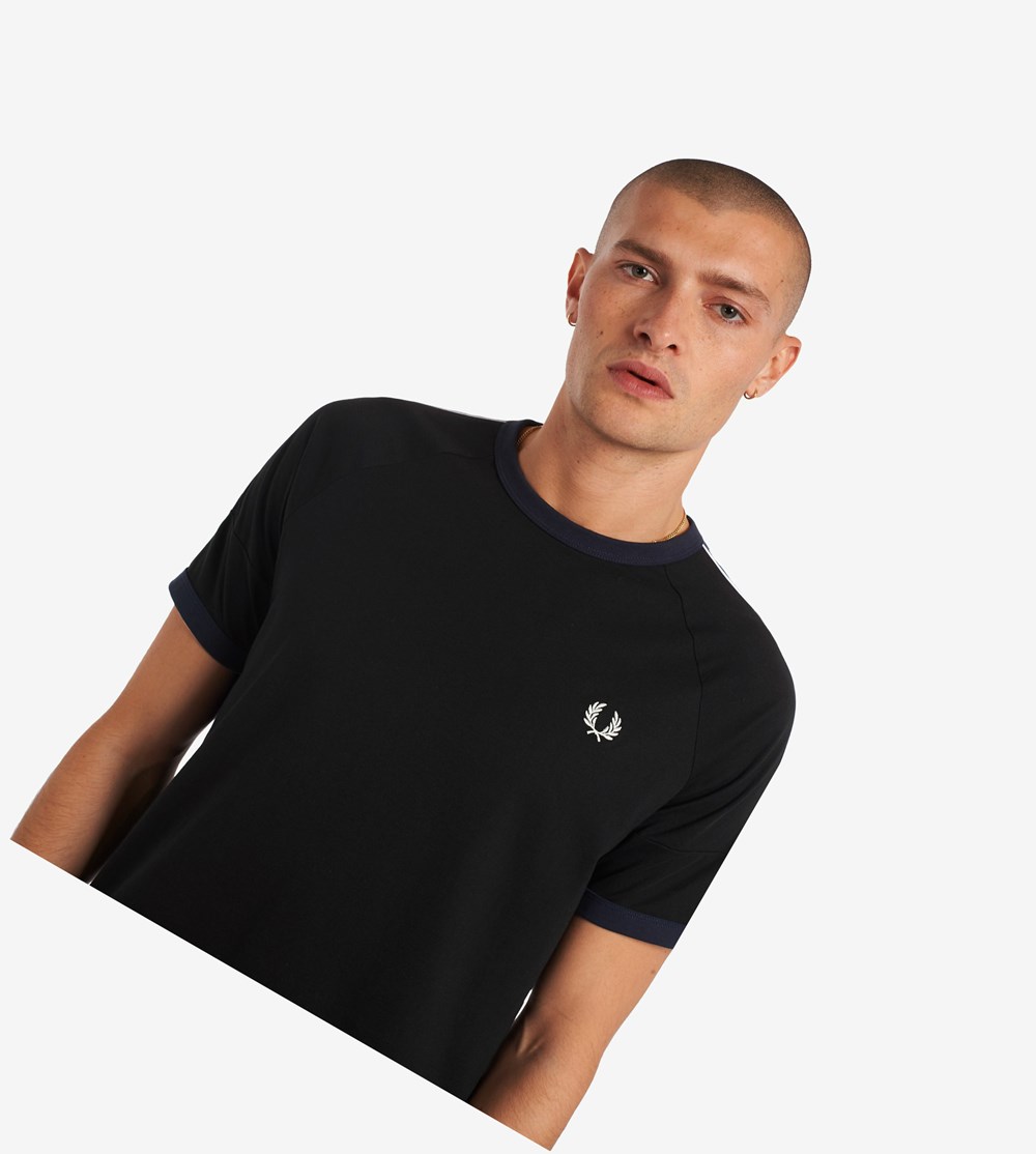 Black Fred Perry Panelled Taped Men's T Shirts | CUTJZ-1076