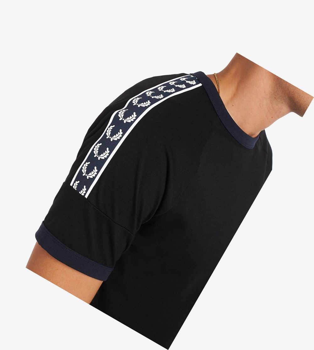 Black Fred Perry Panelled Taped Men's T Shirts | CUTJZ-1076