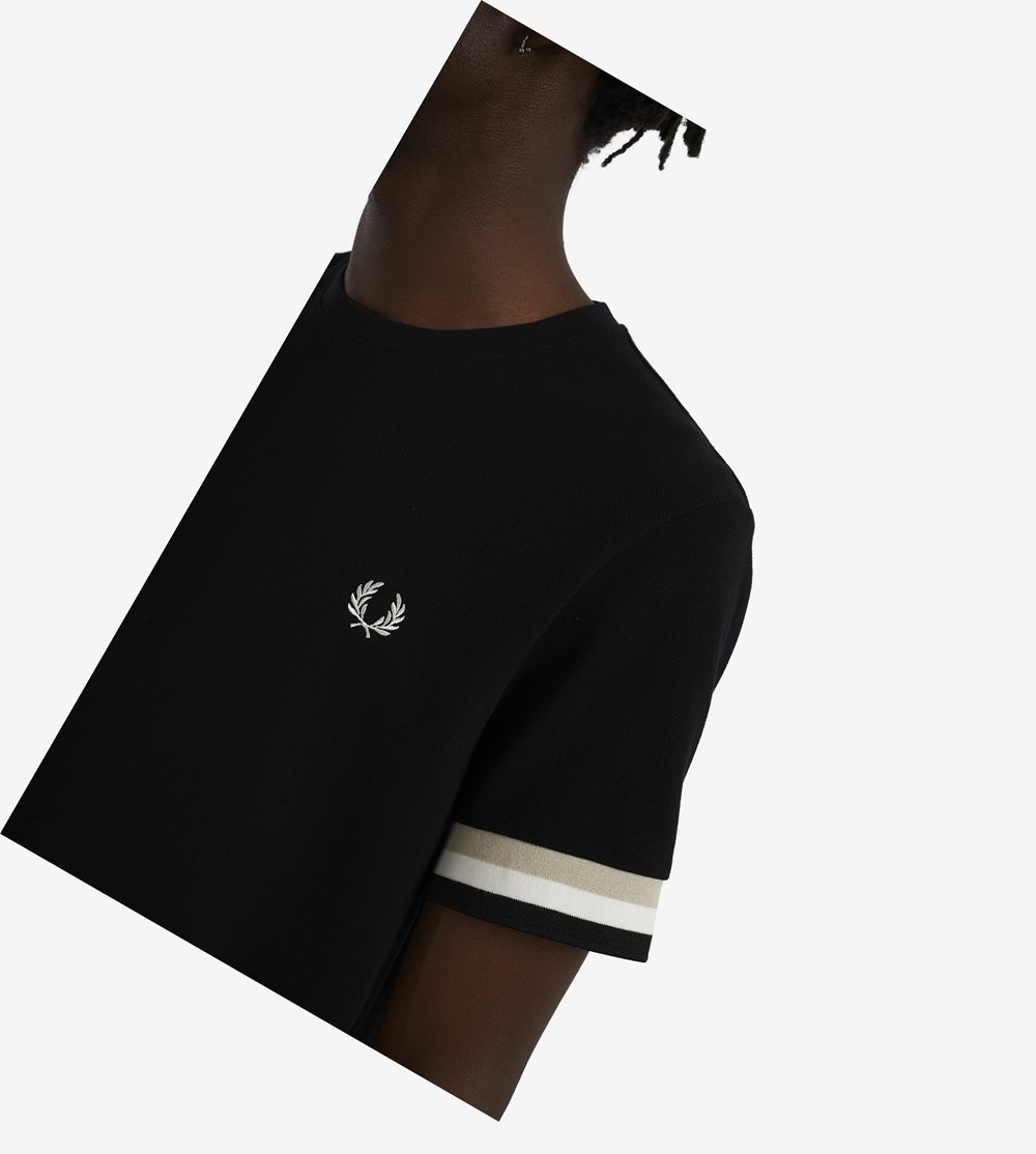 Black Fred Perry Piqué Men's T Shirts | XHFWM-8309